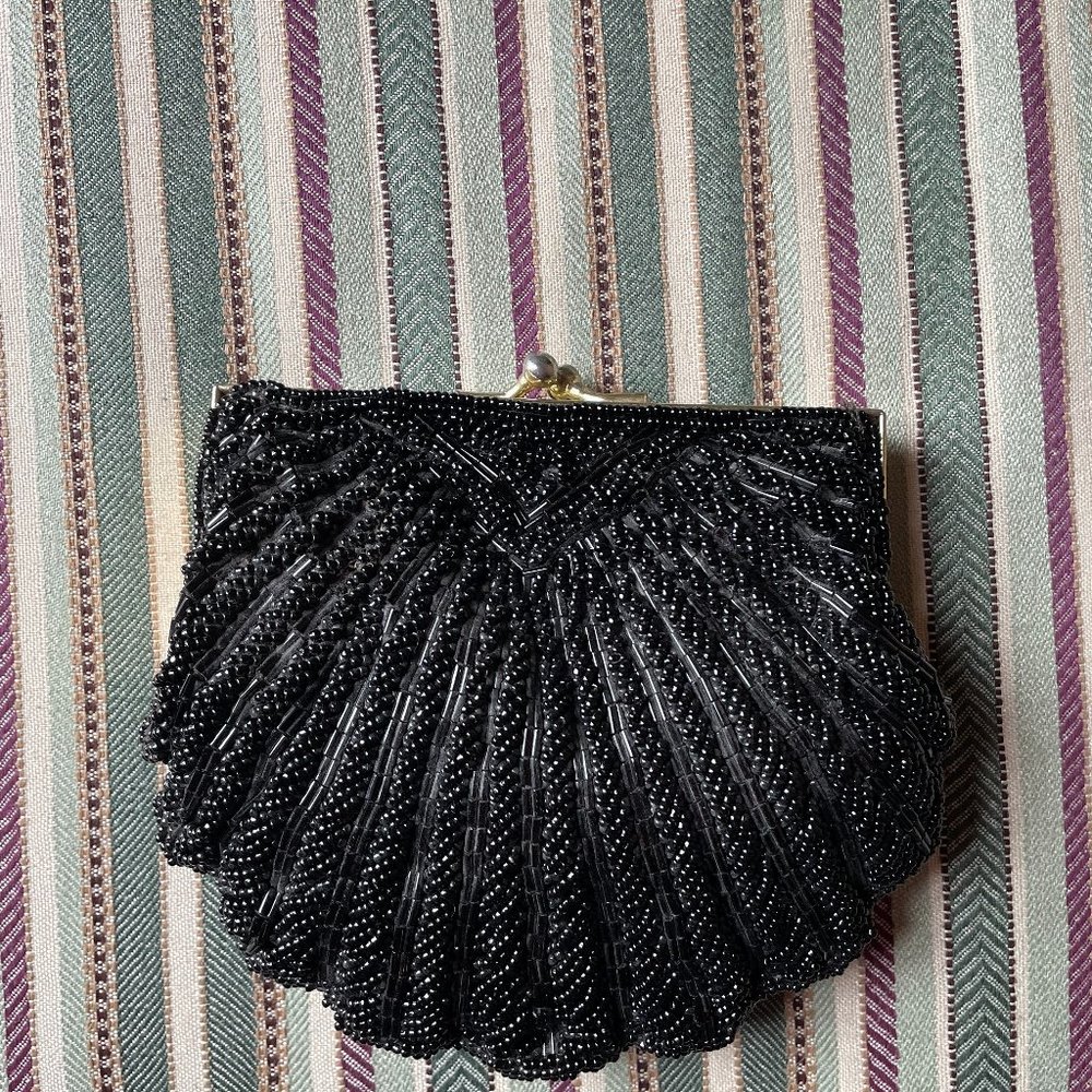 Women's Small Black Beaded Purse w/Snake Chain Shoulder Strap